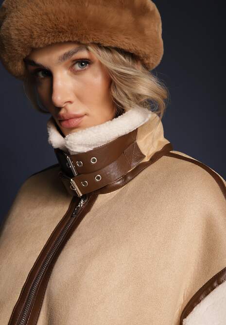 Beżowa Kurtka Pilotka ze Sztucznym Barankowym Futerkiem Phaerehe