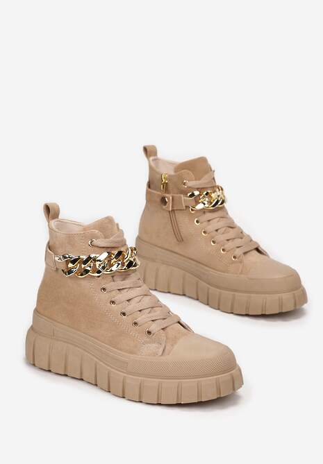 Brązowe Botki Sznurowane na Platformie z Łańcuchem Petrenie