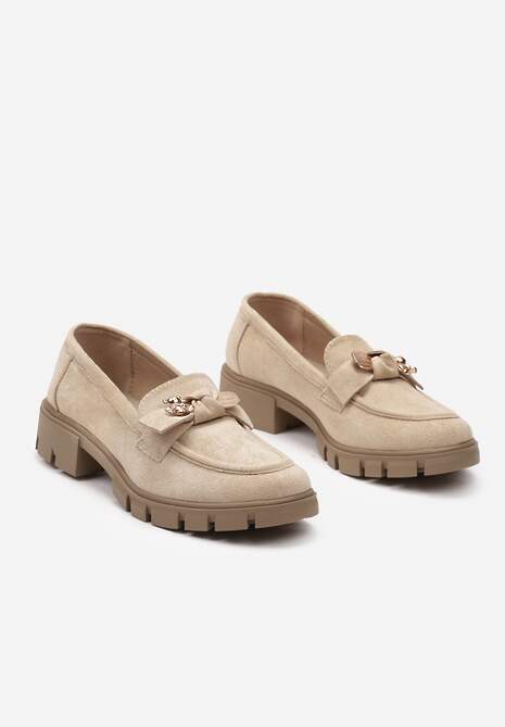 Beżowe Mokasyny na Grubej Podeszwie Ozdobione Kokardą i Wykończone Skórzaną Wkładką Ismerelle