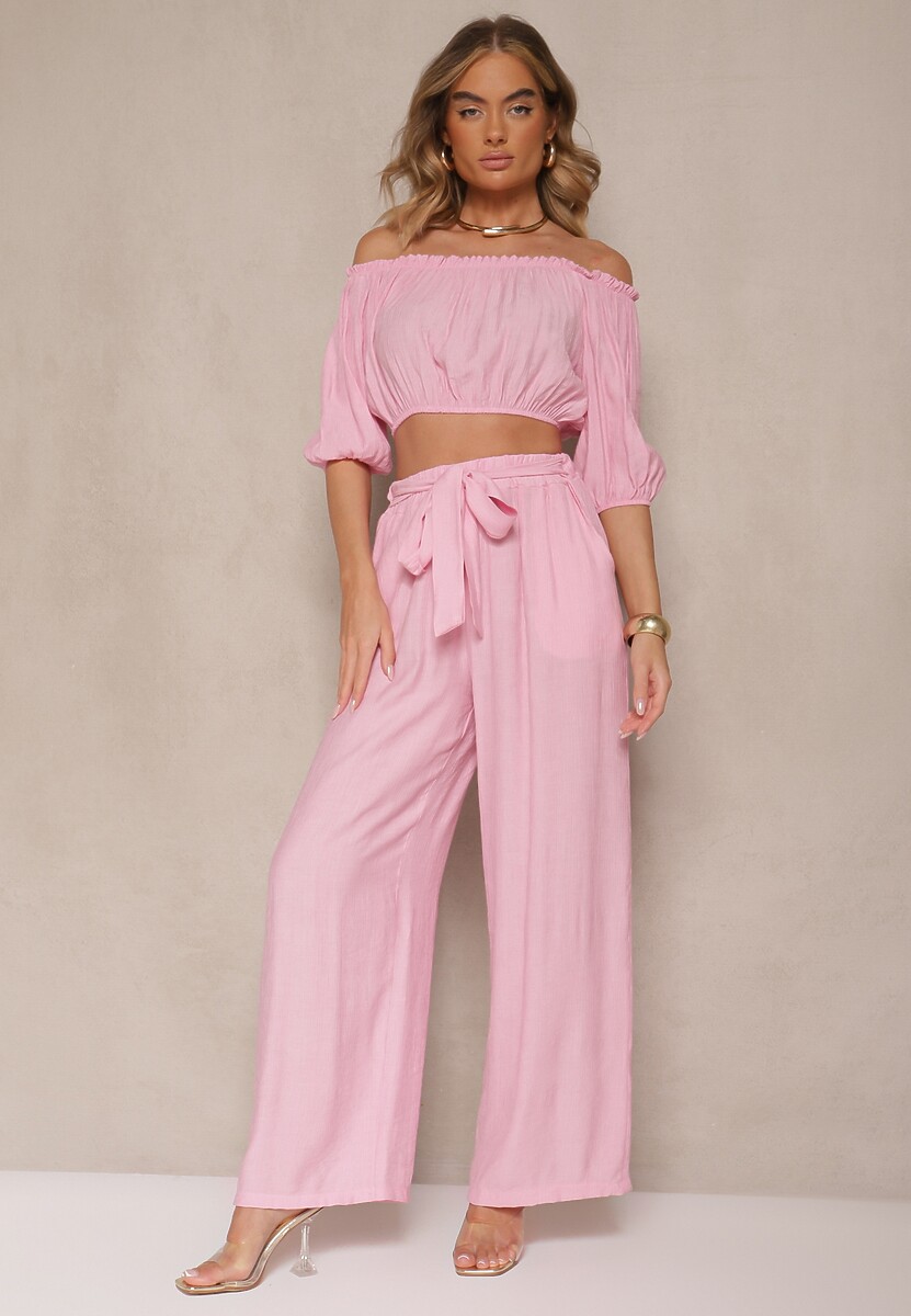 Czarny Komplet Spodnie o Szerokim Kroju i Bufiasta Bluzka Idalisse