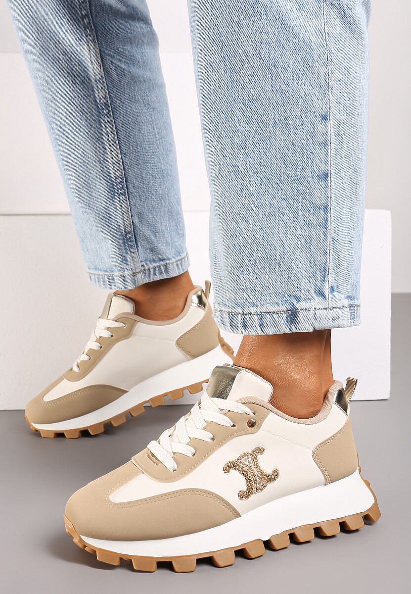 Ciemnobeżowe Sznurowane Sneakersy na Płaskiej Podeszwie Ozdobione Metalicznymi Aplikacjami Zetissa