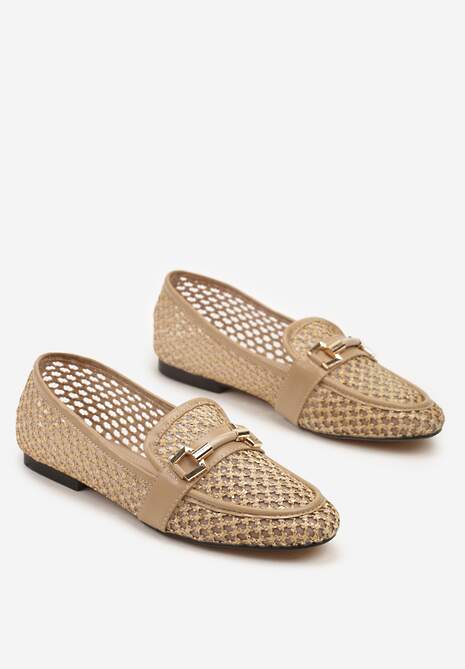 Ciemnobeżowe Mokasyny Ozdobione Siateczkową Cholewką i Klamrą Zelure