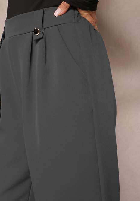 Ciemnoszare Eleganckie Spodnie Dzwony z Ozdobnymi Patkami w Pasie Nattas