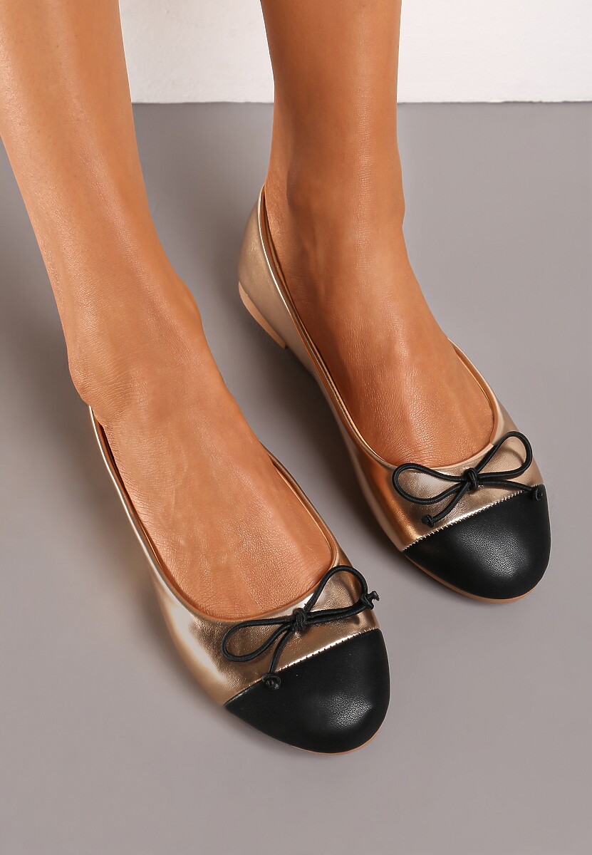 Srebrne Klasyczne Balerinki z Okrągłym Przodem i Kokardką Engobe