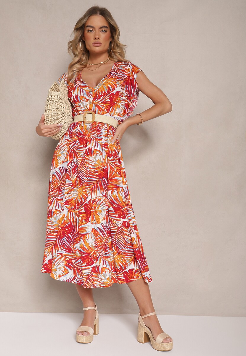 Pomarańczowa Sukienka o Rozkloszowanym Fasonie z Bawełny w Liście Lanadena