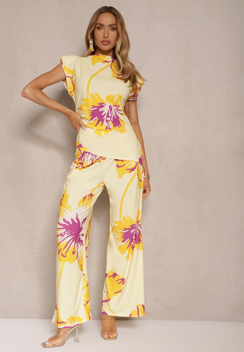 Żółty Komplet Marszczona Bluzka o Asymetrycznym Kroju i Szerokie Spodnie w Kwiaty Linidia