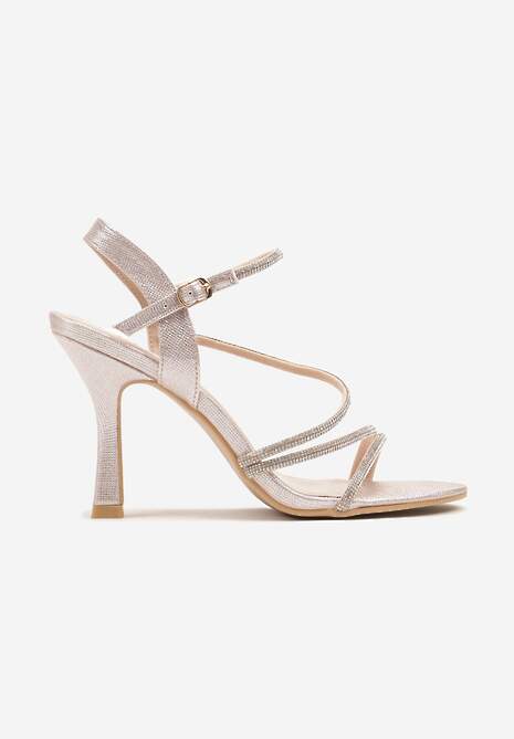 Szampańskie Sandały na Szpilce z Ozdobnymi Paskami i Cyrkoniami Wanilia