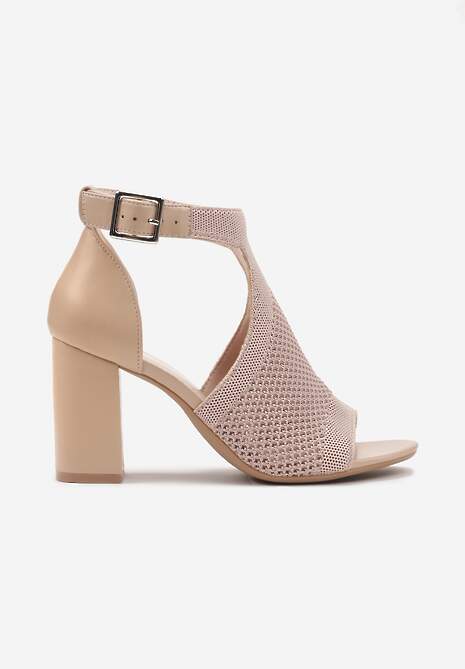 Ciemnobeżowe Ażurowe Sandały na Słupkowym Obcasie z Paskiem ze Sprzączką Worritia