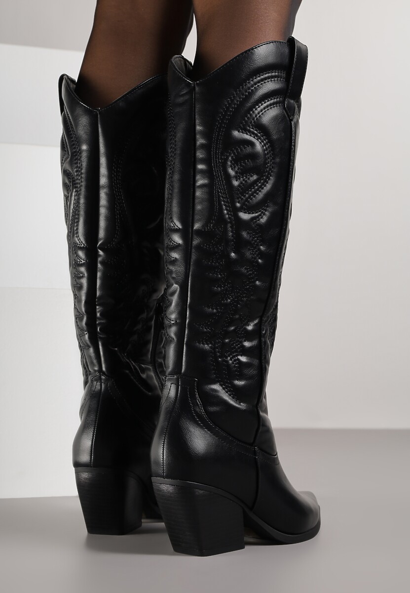 Czarne Kozaki Kowbojki na Stożkowym Obcasie Zdobione Przeszyciami Lumifera