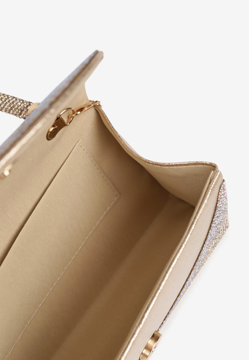Złota Torebka Kopertówka z Rączką Ozdobiona Cyrkoniami Devola