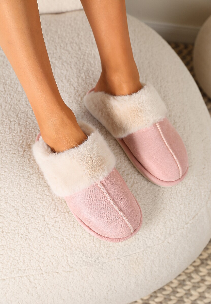Różowe Wsuwane Kapcie Ozdobione Futerkiem i Przeszyciami Almane