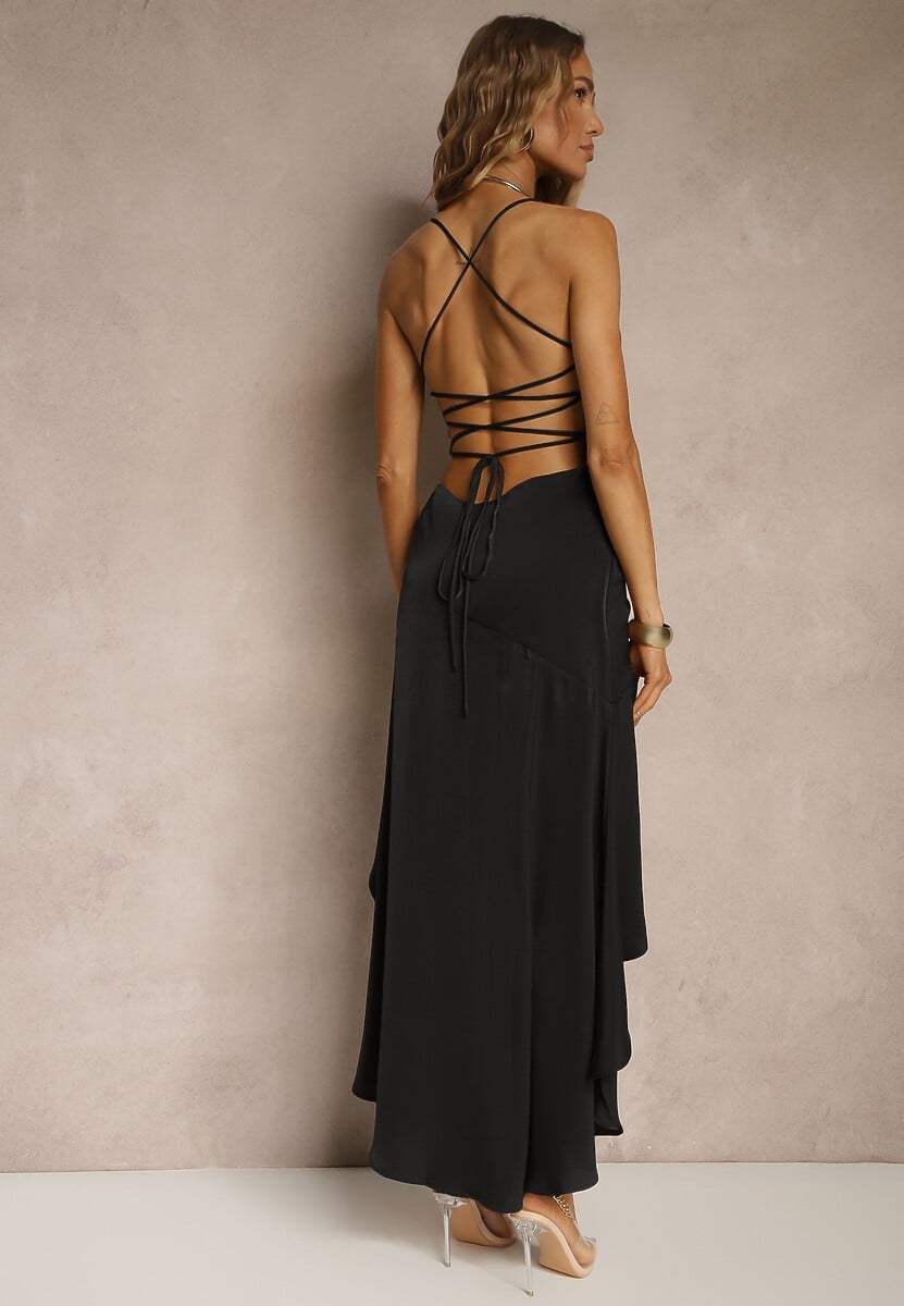 Czarna Sukienka Vices o Rozkloszowanym Kroju z Odkrytymi Plecami i Gorsetowym Wiązaniem Natiere