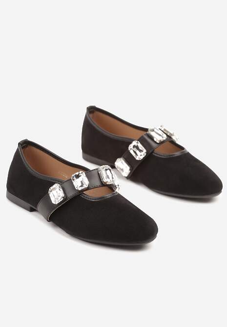 Czarne Balerinki z Elastycznym Paskiem z Biżuteryjnym Zdobieniem Tuledis