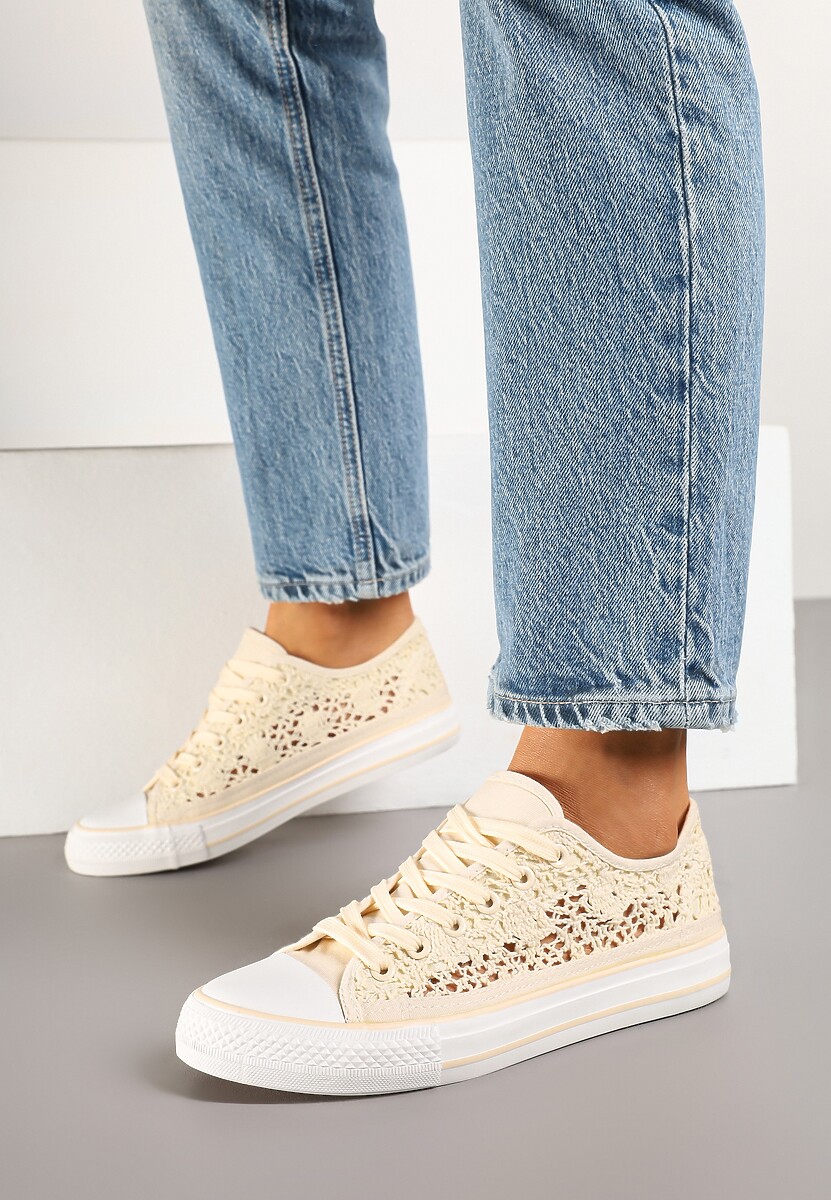 Beżowe Trampki z Krótką Ażurową Cholewką Paerina