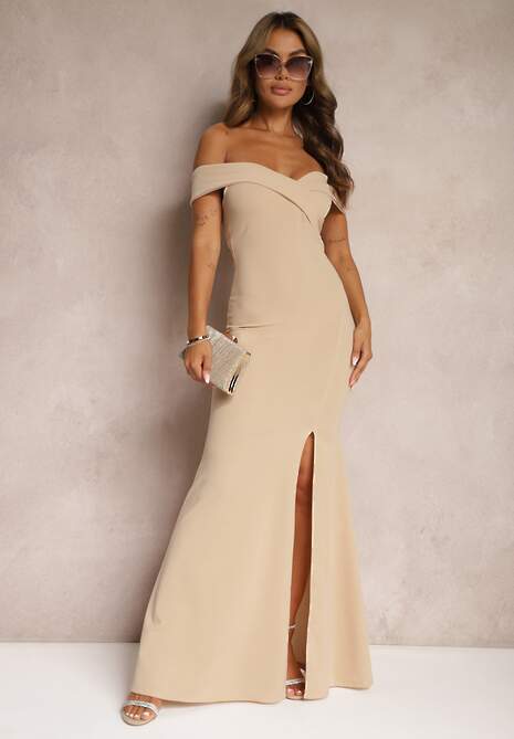 Jasnobeżowa Taliowana Sukienka Maxi z Rozcięciem Perlina