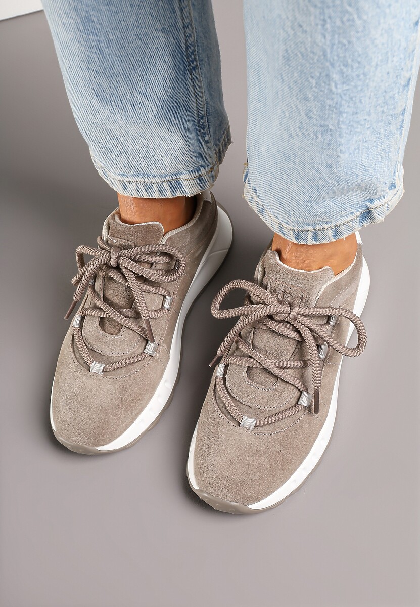 Ciemnobeżowe Zamszowe Sneakersy z Wkładką ze Skóry Naturalnej Dolavienne