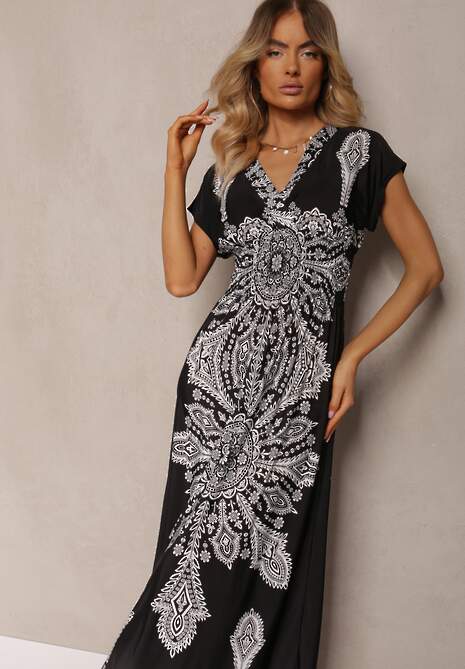 Czarna Letnia Sukienka z Gumką w Pasie Kopertową Górą i Ornamentalnym Printem Avilepea