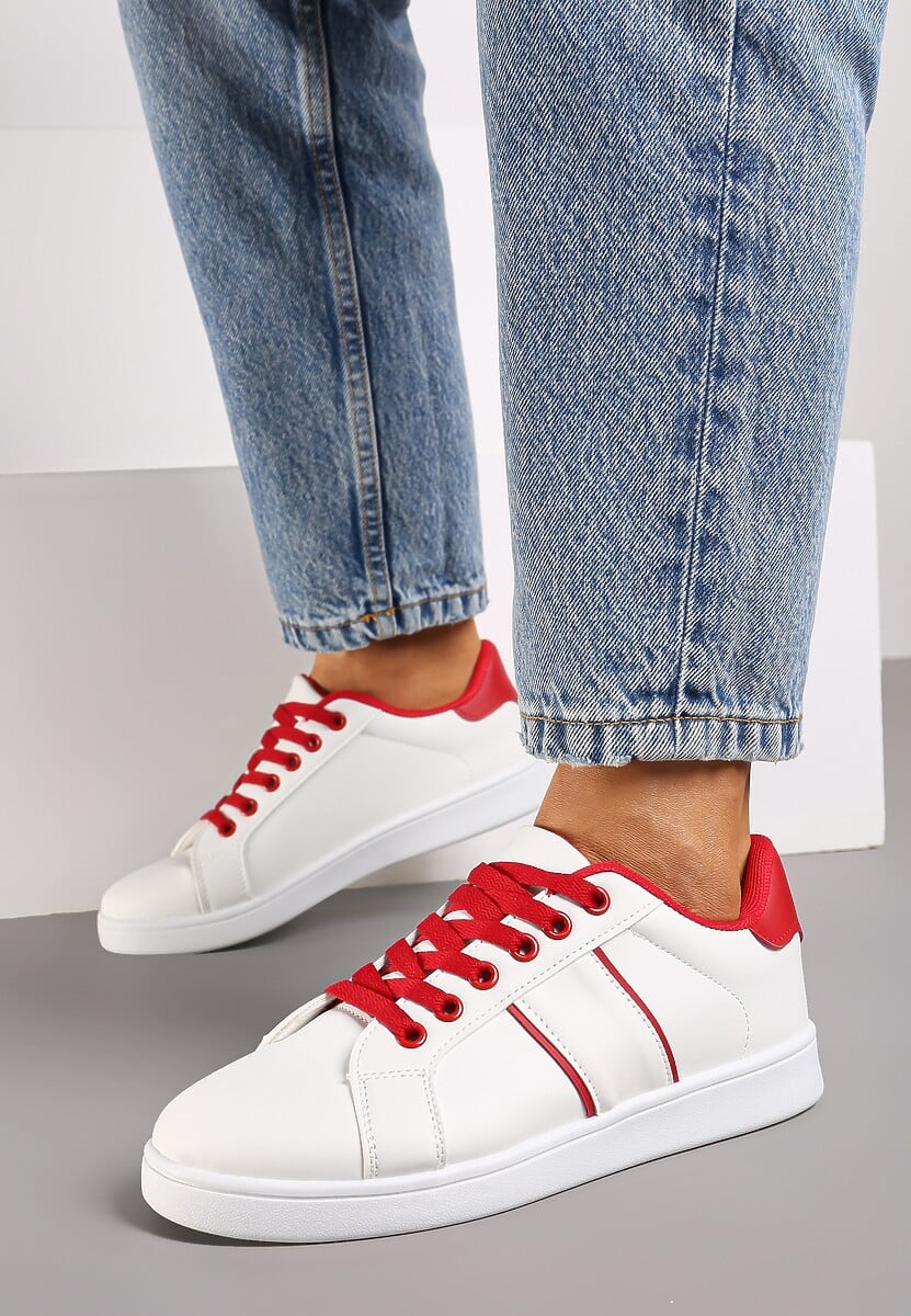 Biało-Czerwone Sznurowane Sneakersy na Płaskiej Podeszwie Wykończone Paskami Elinela