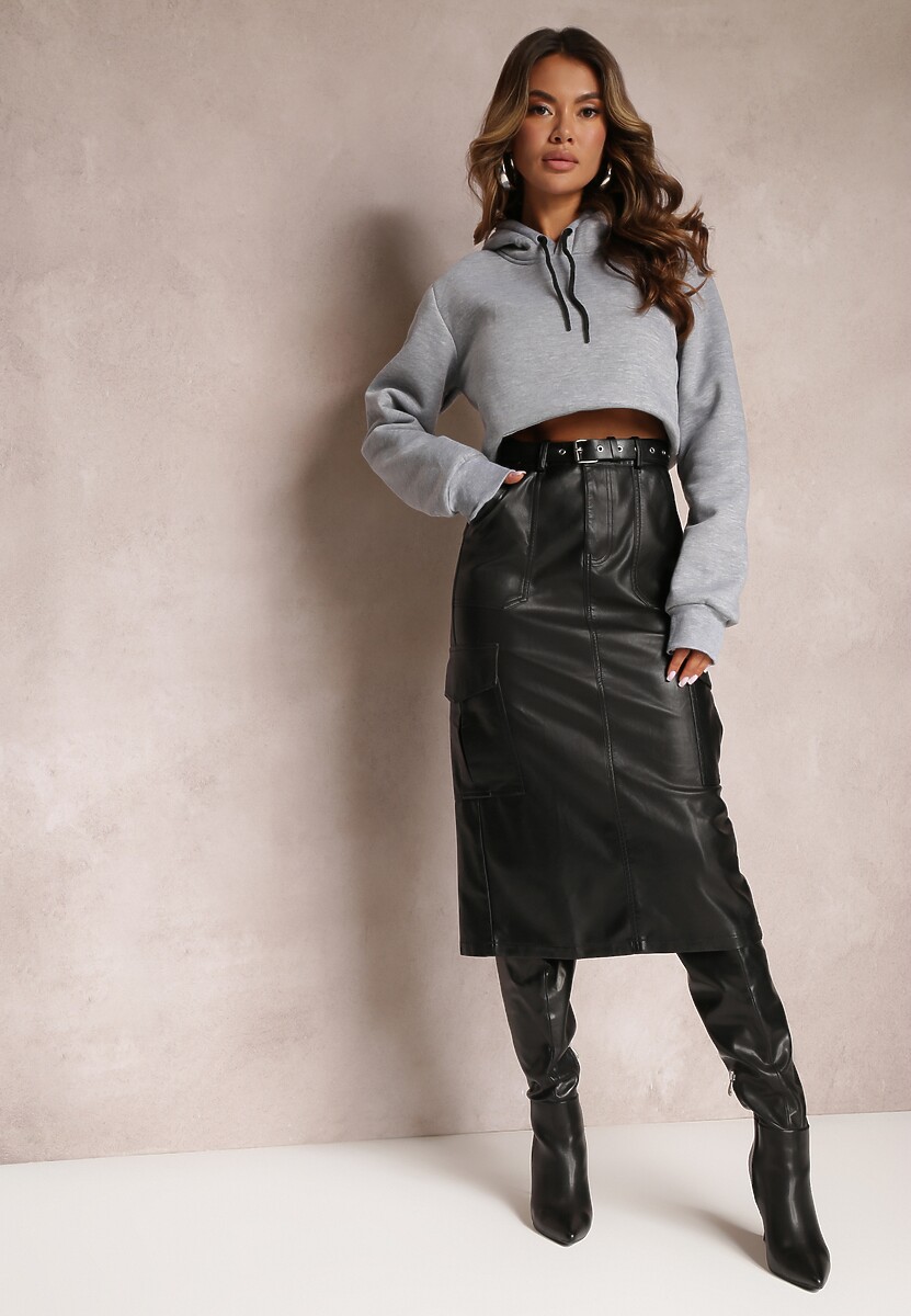 Czarna Spódnica Midi z Imitacji Skóry Paskiem i Kieszeniami Cargo Edvardisa