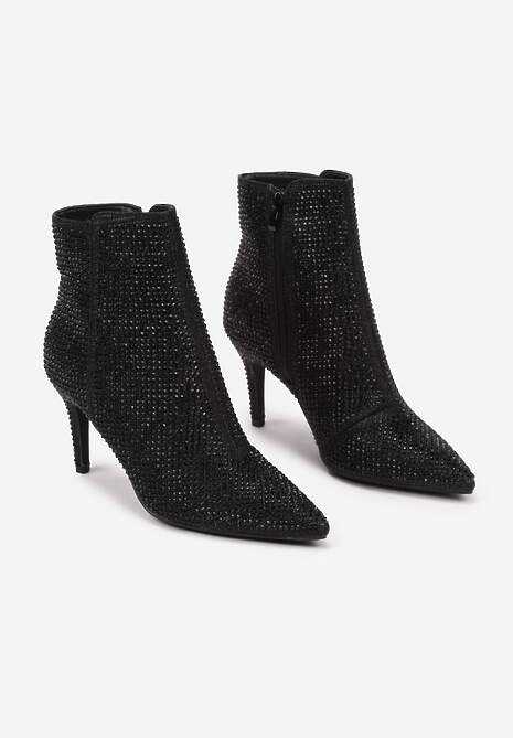 Czarne Botki na Obcasie z Błyszczącymi Cyrkoniami Irialora
