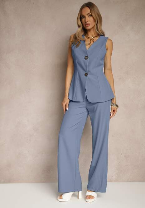 Niebieski Komplet Garniturowy Kamizelka z Ozdobnymi Guzikami i Klasyczne Spodnie Roneira