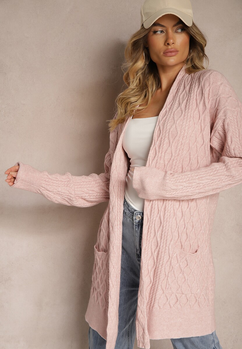 Różowy Kardigan Nierozpinany o Długim Kroju Ozdobiony Tłoczeniem Vailithe