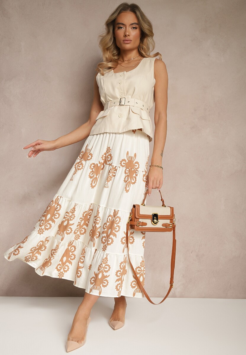 Kremowo-Beżowa Rozkloszowana Spódnica w Ornamentalne Wzory z Wiskozą Sarinea
