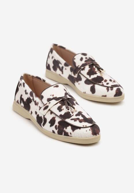 Brązowo-Białe Klasyczne Mokasyny z Imitacją Włosia Deorielis