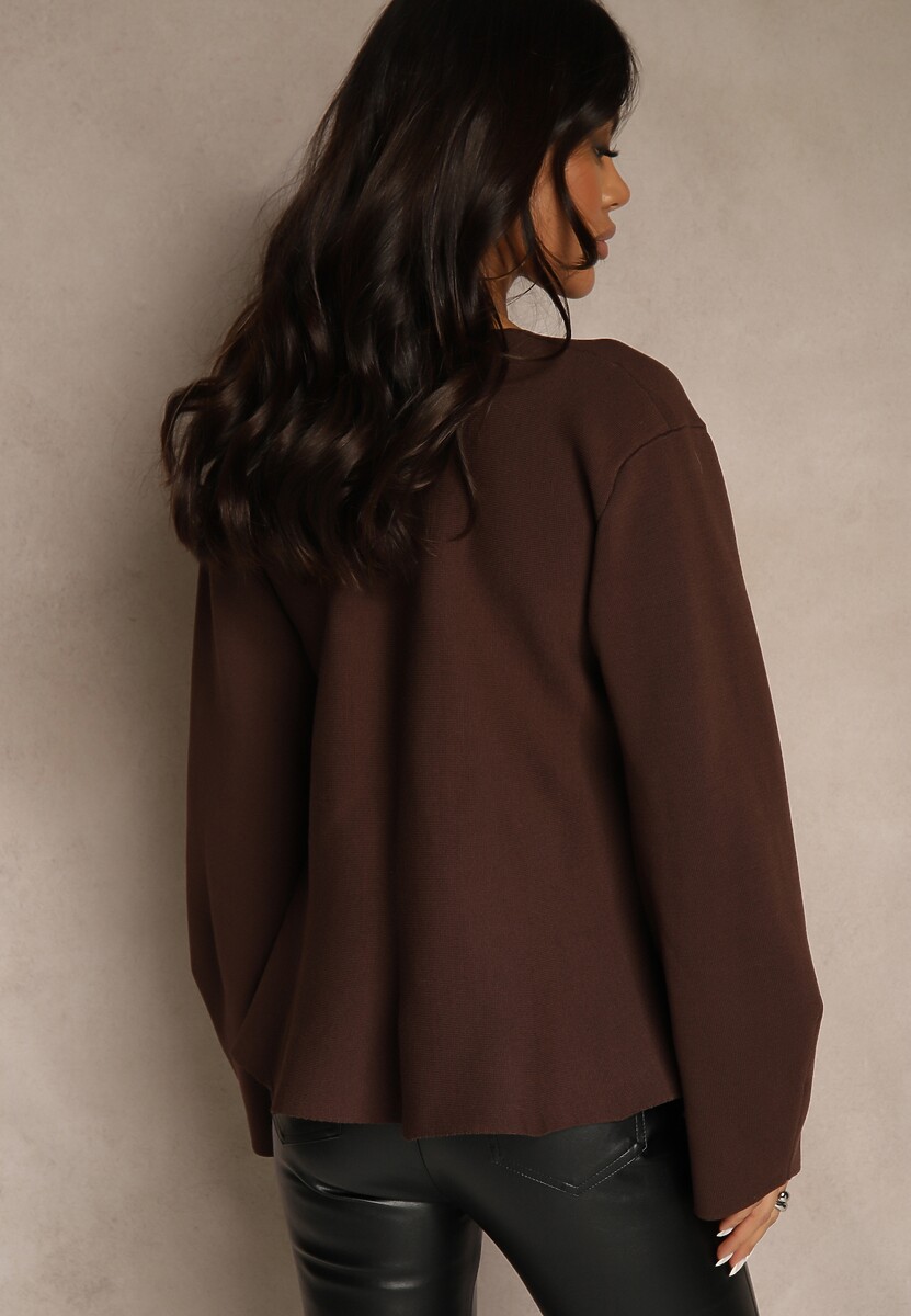 Brązowy Kardigan z Wiskozą Ozdobiony w Pasie Wiązaniem Tusllima