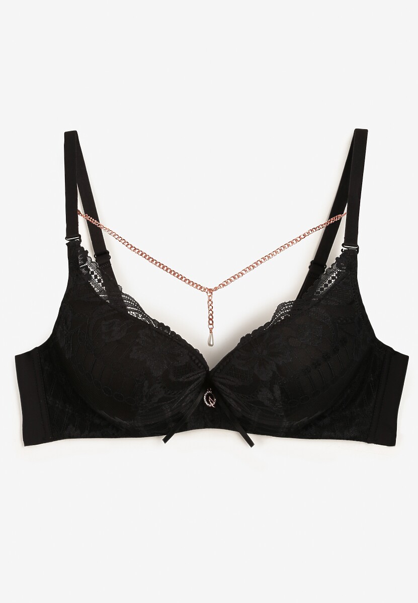 Czarny Biustonosz Push Up Ozdobiony Łańcuszkiem z Kryształkiem Brinanna