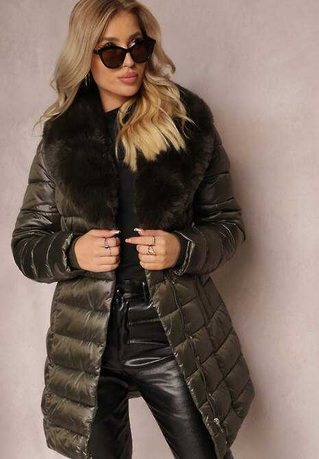 Ciemnozielona Pikowana Kurtka z Wiązanym Paskiem i Kołnierzem z Futerka Avrissa