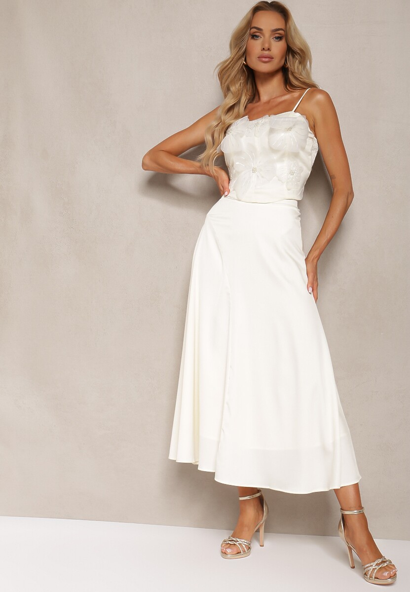 Jasnobeżowy 2-Częściowy Komplet Top z Kwiatowymi Aplikacjami Spódnica o Rozkloszowanym Kroju Zavidia