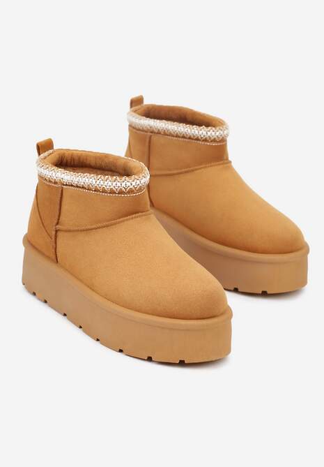 Brązowe Śniegowce na Platformie z Haftem przy Cholewce Sewnera