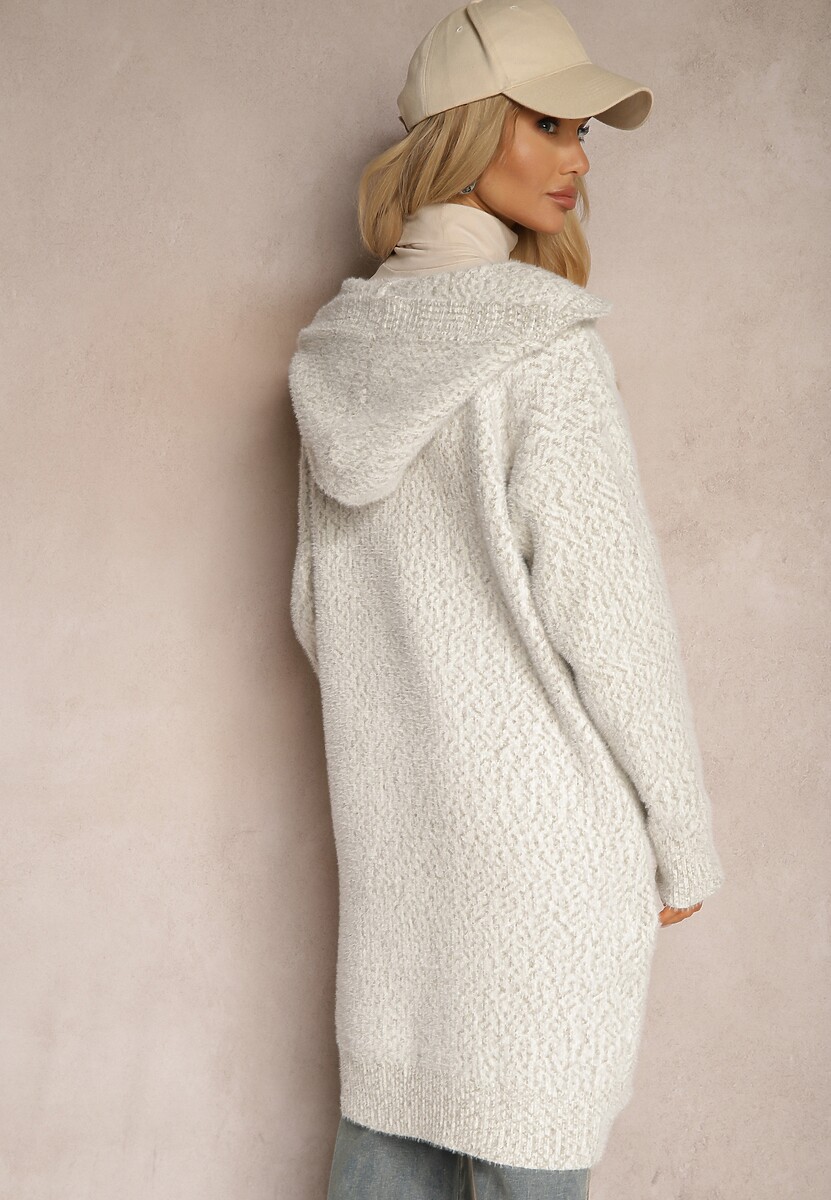 Szary Rozpinany Kardigan z Dodatkiem Wiskozy i Kapturem Ozdobiony Kieszeniami Olianne