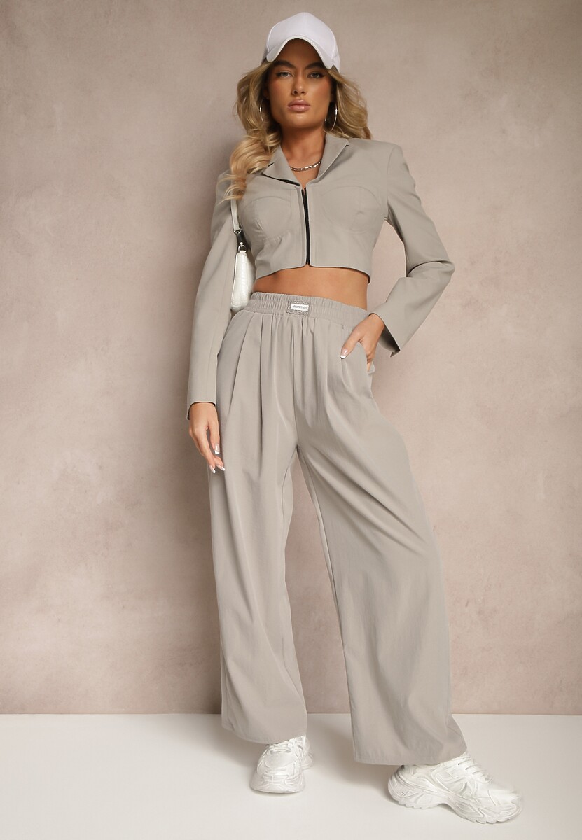 Jasnoszare Spodnie o Szerokim Kroju z Bawełną High Waist Ozdobione Naszywką Naneriela