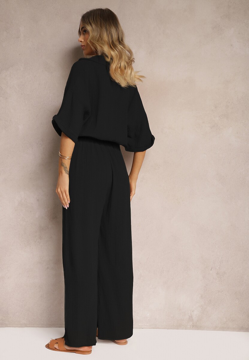 Czarny Taliowany Kombinezon z Bawełny Góra w Formie Koszuli oraz Luźne Spodnie Namsorin