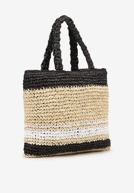 Beżowo-Czarna Pleciona Torebka w Stylu Boho Ozdobiona Napisem Oegelia