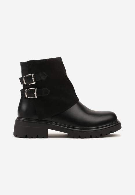 Czarne Botki Bikery z Wywiniętą Cholewką i Dwiema Klamrami Parotie