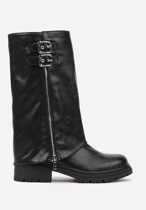 Czarne Botki z Wywiniętą Cholewką Zdobioną Suwakiem i Sprzączkami Eevea