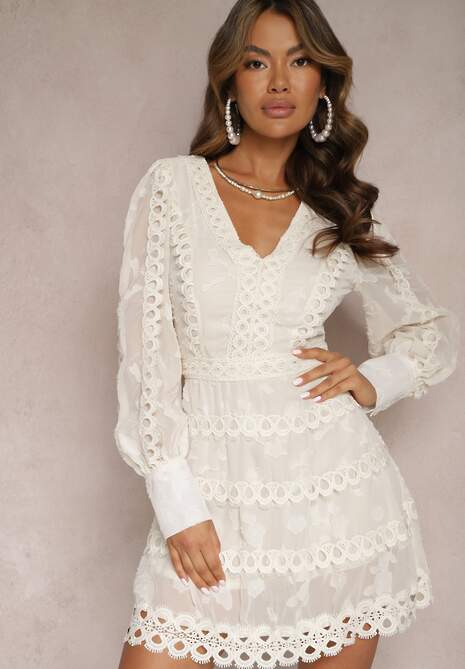 Jasnobeżowa Haftowana Sukienka Mini z Guzikami i Ażurowymi Wstawkami Albastra