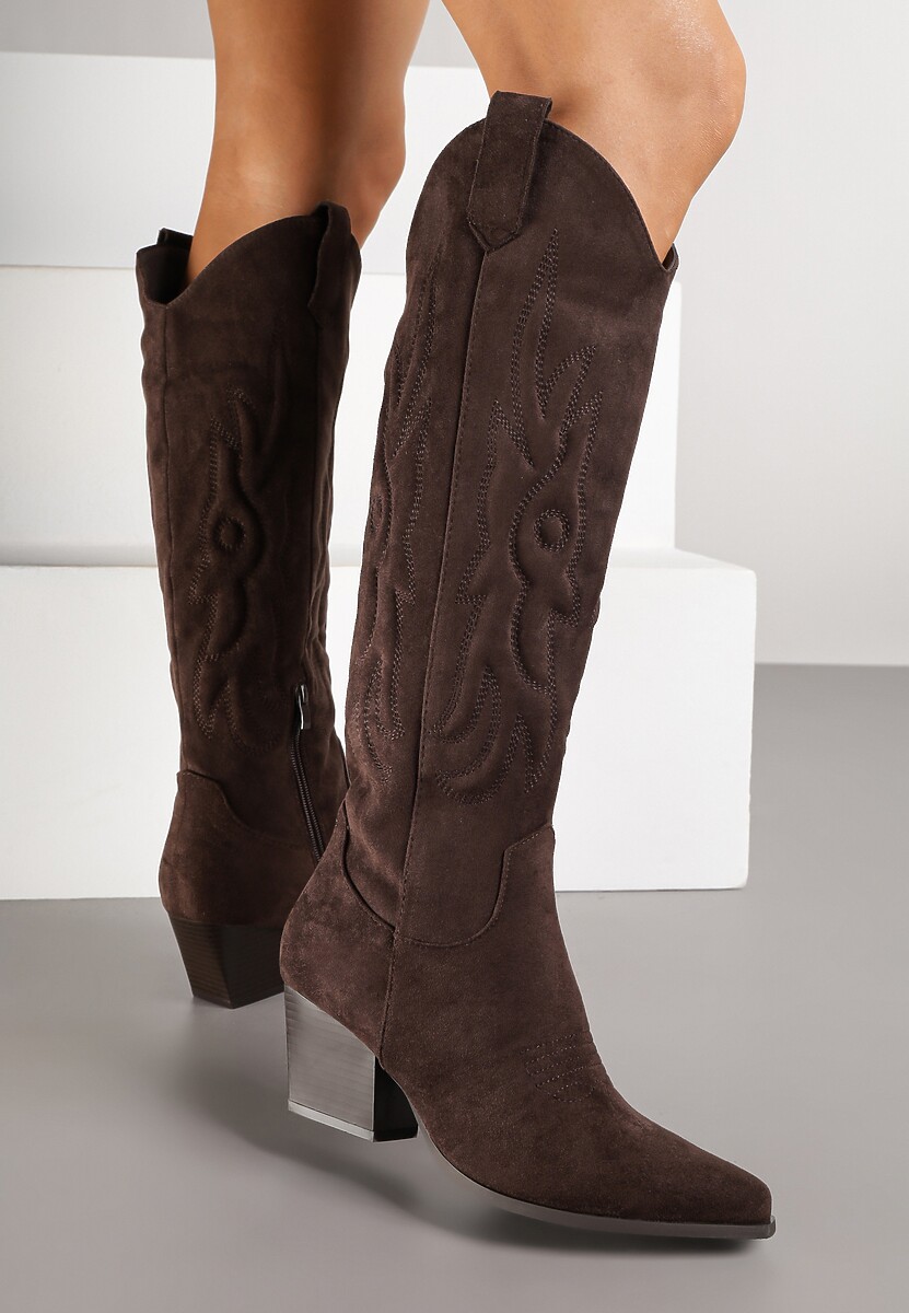 Ciemnobeżowe Kowbojki Kozaki na Stożkowym Słupku z Ekozamszu Iriada