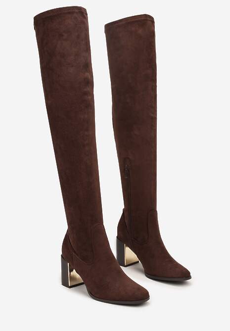 Brązowe Długie Kozaki za Kolano z Imitacji Zamszu na Metalicznym Obcasie Terephne