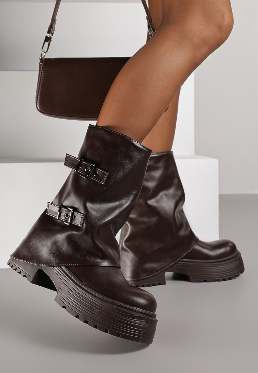 Czarne Botki Biker Vices z Wywiniętą Cholewką Platformą i Klamrami Reinila