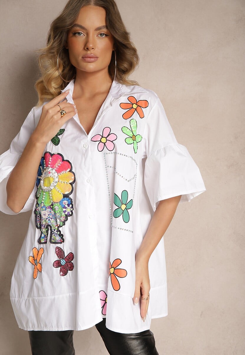 Różowa Koszula Długa z Rękawami 3/4 Zapinana na Guziki z Ozdobnymi Naszywkami Vieva