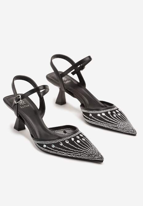 Czarne Sandały na Kaczuszce ze Szpiczastym Noskiem Zdobionym Cyrkoniami Adive