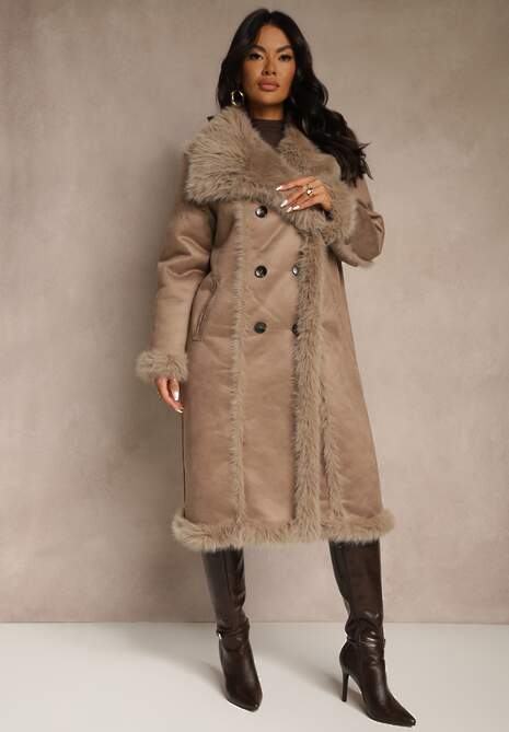 Ciemnobeżowy Dwurzędowy Płaszcz Futerko o Dwustronnym Kroju z Kołnierzem Nalaneva