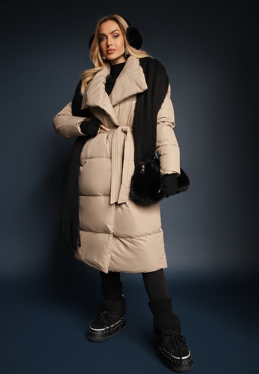 Beżowa Kurtka Płaszcz z Wysokim Kołnierzem Zapinana na Napy z Paskiem Luliriva