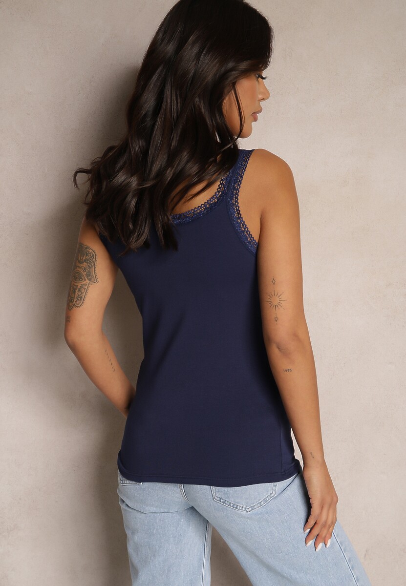 Granatowy Bawełniany Top z Ozdobną Koronką Ariseth