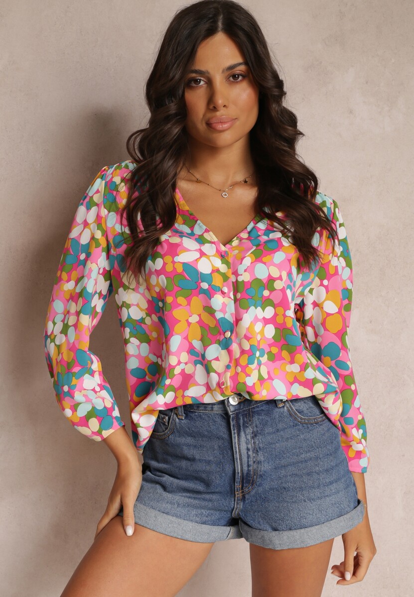 Różowo-Pomarańczowa Koszula z Długimi Rękawami i Ozdobnymi Guzikami w Kwiaty Sarabeta