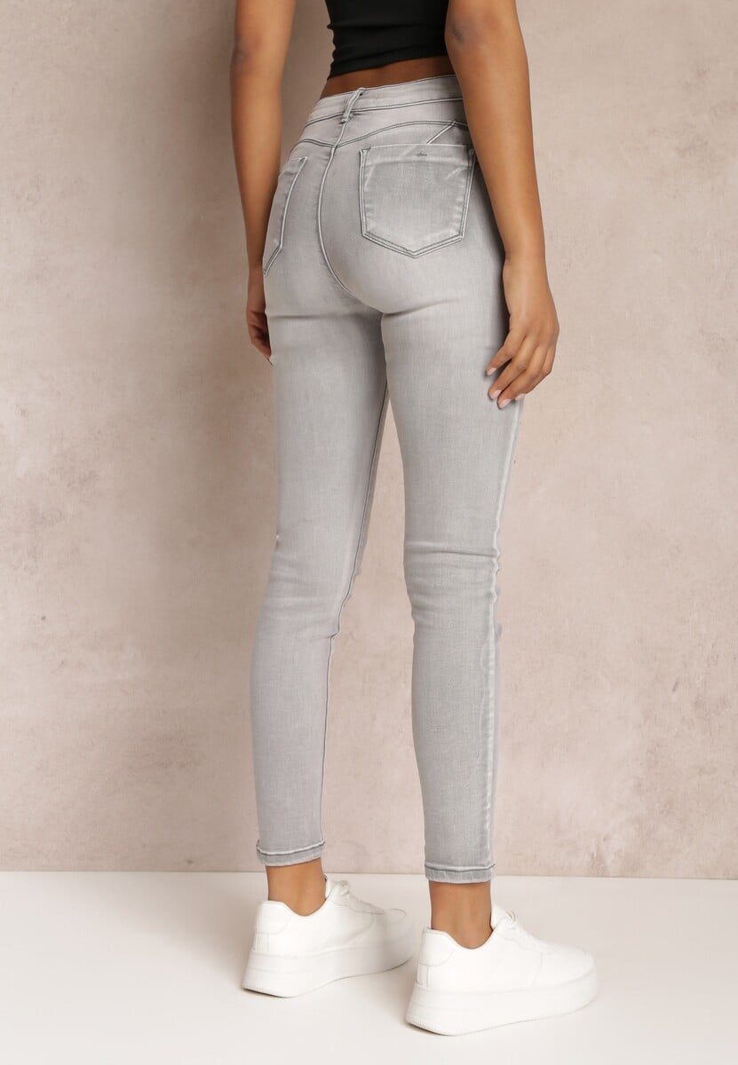 Jasnoszare Jeansy Skinny Push-Up z Wycięciem i Cyrkoniami Idomara
